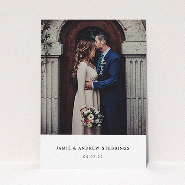 A photo wedding thank you card called "Simple, Portrait Thank You". It is an A6 card in a portrait orientation. It is a photographic photo wedding thank you card with room for 1 photo. "Simple, Portrait Thank You" is available as a flat card, with mainly white colouring.