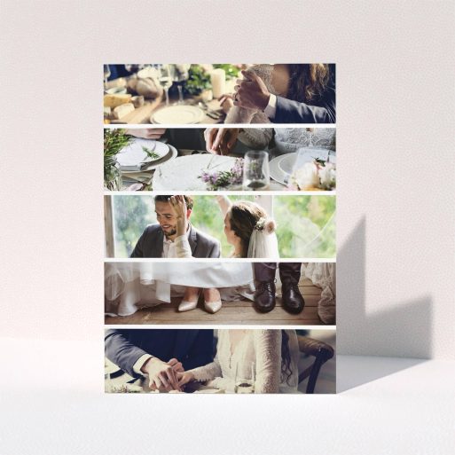 A photo wedding thank you card design titled "Split into five". It is an A5 card in a portrait orientation. It is a photographic photo wedding thank you card with room for 3 photos. "Split into five" is available as a folded card, with mainly white colouring.