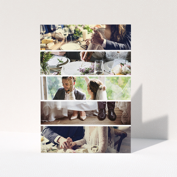 A photo wedding thank you card design titled "Split into five". It is an A5 card in a portrait orientation. It is a photographic photo wedding thank you card with room for 3 photos. "Split into five" is available as a folded card, with mainly white colouring.