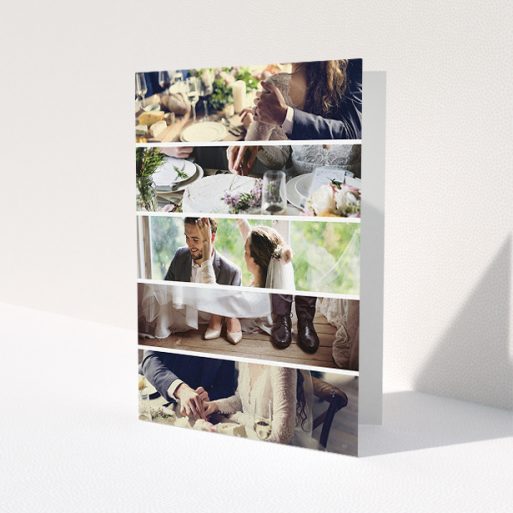 A photo wedding thank you card design titled 'Split into five'. It is an A5 card in a portrait orientation. It is a photographic photo wedding thank you card with room for 3 photos. 'Split into five' is available as a folded card, with mainly white colouring.