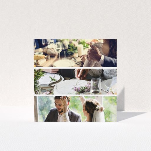 A photo wedding thank you card called "Split into five". It is a square (148mm x 148mm) card in a square orientation. It is a photographic photo wedding thank you card with room for 3 photos. "Split into five" is available as a folded card, with mainly white colouring.