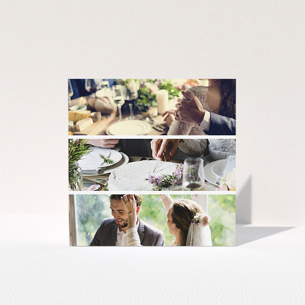 A photo wedding thank you card called "Split into five". It is a square (148mm x 148mm) card in a square orientation. It is a photographic photo wedding thank you card with room for 3 photos. "Split into five" is available as a folded card, with mainly white colouring.