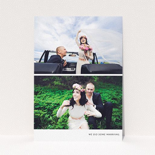 A photo wedding thank you card named "Split into two". It is an A6 card in a portrait orientation. It is a photographic photo wedding thank you card with room for 2 photos. "Split into two" is available as a flat card, with mainly white colouring.