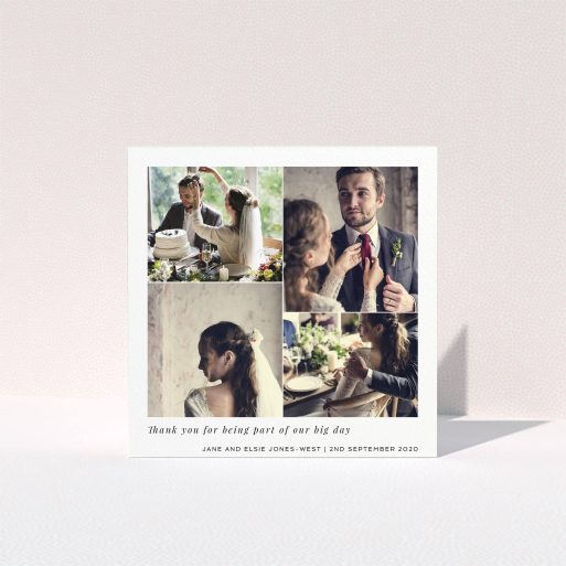 A photo wedding thank you card template titled "Stacked Photos". It is a square (148mm x 148mm) card in a square orientation. It is a photographic photo wedding thank you card with room for 4 photos. "Stacked Photos" is available as a folded card, with mainly white colouring.