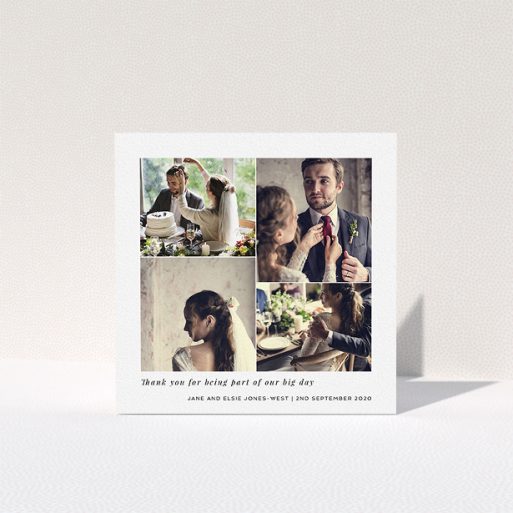 A photo wedding thank you card template titled "Stacked Photos". It is a square (148mm x 148mm) card in a square orientation. It is a photographic photo wedding thank you card with room for 4 photos. "Stacked Photos" is available as a folded card, with mainly white colouring.