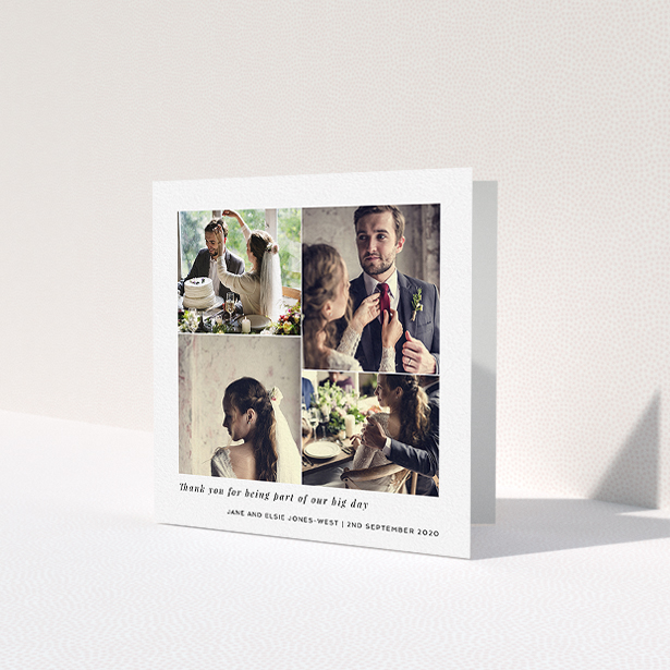 A photo wedding thank you card template titled 'Stacked Photos'. It is a square (148mm x 148mm) card in a square orientation. It is a photographic photo wedding thank you card with room for 4 photos. 'Stacked Photos' is available as a folded card, with mainly white colouring.