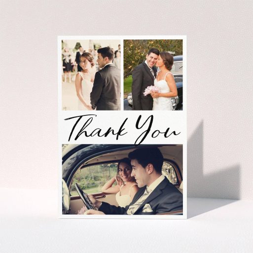 A photo wedding thank you card template titled "Thank You On Top". It is an A5 card in a portrait orientation. It is a photographic photo wedding thank you card with room for 3 photos. "Thank You On Top" is available as a folded card, with mainly white colouring.