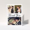 A photo wedding thank you card template titled "Thank You On Top". It is an A5 card in a portrait orientation. It is a photographic photo wedding thank you card with room for 3 photos. "Thank You On Top" is available as a folded card, with mainly white colouring.