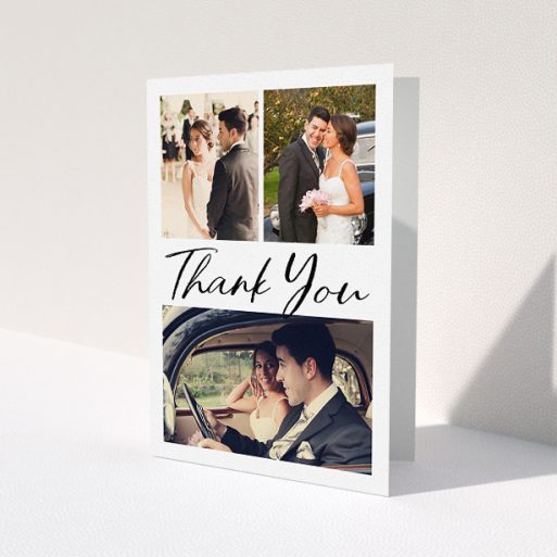 A photo wedding thank you card template titled 'Thank You On Top'. It is an A5 card in a portrait orientation. It is a photographic photo wedding thank you card with room for 3 photos. 'Thank You On Top' is available as a folded card, with mainly white colouring.