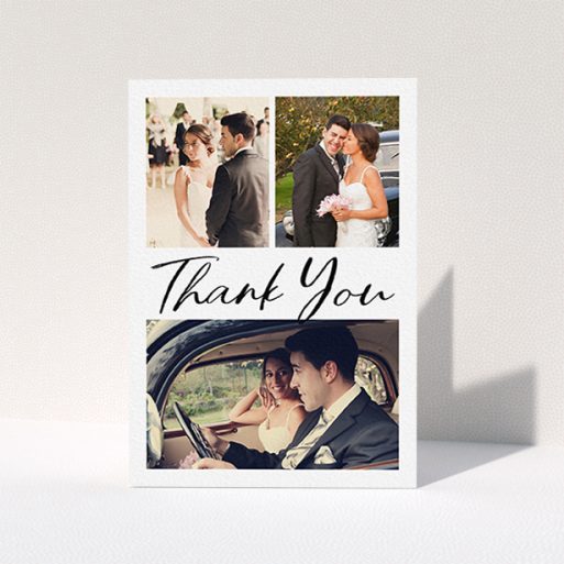 A photo wedding thank you card design named "Thank You On Top". It is an A6 card in a portrait orientation. It is a photographic photo wedding thank you card with room for 3 photos. "Thank You On Top" is available as a folded card, with mainly white colouring.