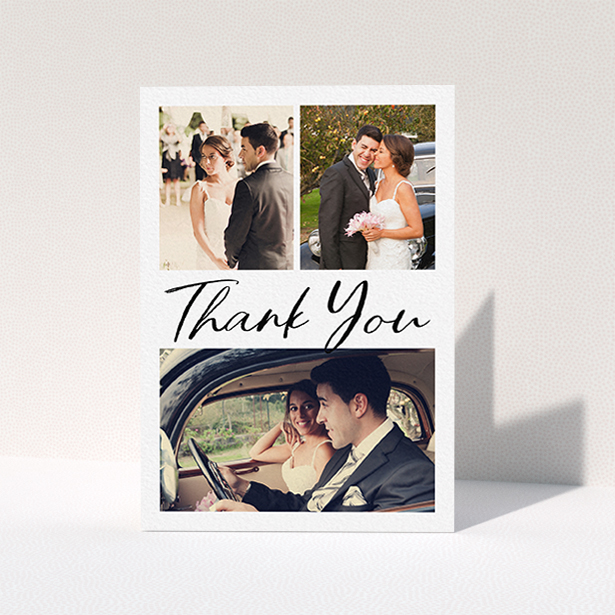 A photo wedding thank you card design named "Thank You On Top". It is an A6 card in a portrait orientation. It is a photographic photo wedding thank you card with room for 3 photos. "Thank You On Top" is available as a folded card, with mainly white colouring.