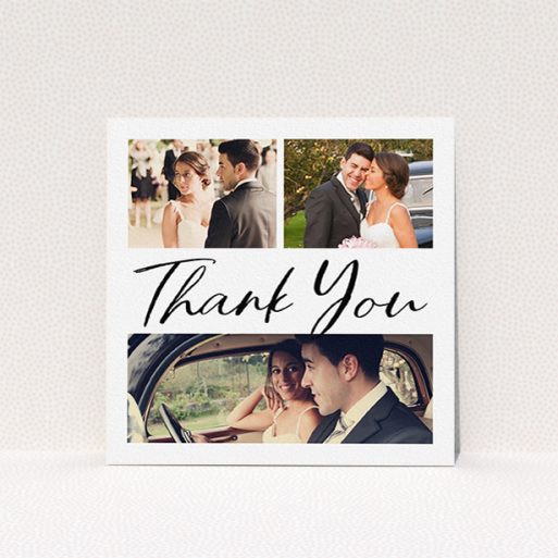 A photo wedding thank you card design named "Thank You On Top". It is a square (148mm x 148mm) card in a square orientation. It is a photographic photo wedding thank you card with room for 3 photos. "Thank You On Top" is available as a flat card, with mainly white colouring.