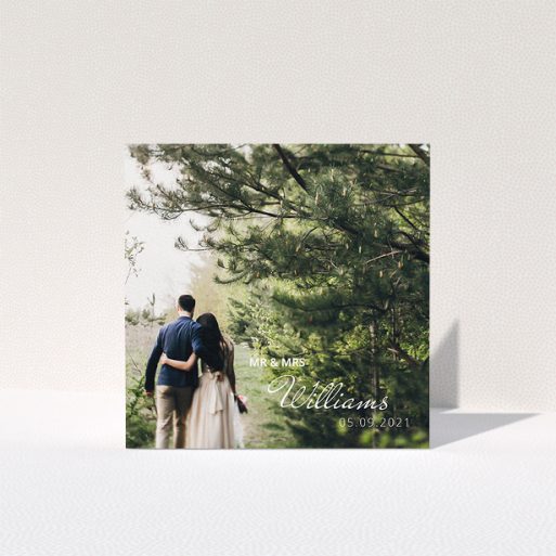 A photo wedding thank you card design named "Thanks Bottom-Right". It is a square (148mm x 148mm) card in a square orientation. It is a photographic photo wedding thank you card with room for 1 photo. "Thanks Bottom-Right" is available as a folded card, with mainly white colouring.