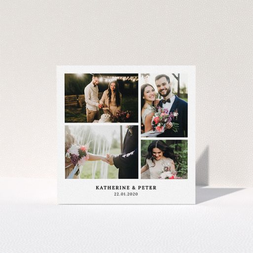 A photo wedding thank you card design called "Thanks with Lots of Photos". It is a square (148mm x 148mm) card in a square orientation. It is a photographic photo wedding thank you card with room for 6 photos. "Thanks with Lots of Photos" is available as a folded card, with mainly white colouring.