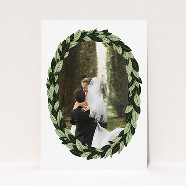 A photo wedding thank you card design titled "Thick Wreath Frame". It is an A6 card in a portrait orientation. It is a photographic photo wedding thank you card with room for 1 photo. "Thick Wreath Frame" is available as a flat card, with tones of light green and dark green.