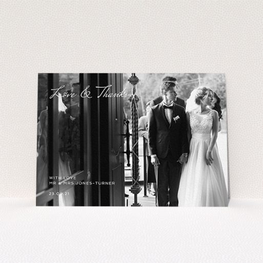 A photo wedding thank you card design titled "To the Left Photo". It is an A6 card in a landscape orientation. It is a photographic photo wedding thank you card with room for 1 photo. "To the Left Photo" is available as a flat card, with mainly white colouring.