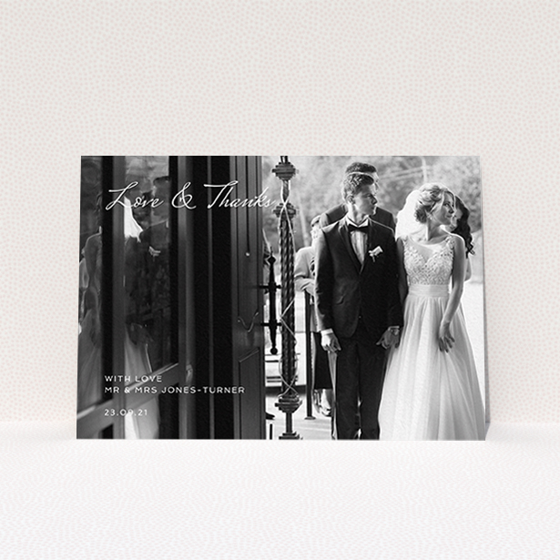 A photo wedding thank you card design titled "To the Left Photo". It is an A6 card in a landscape orientation. It is a photographic photo wedding thank you card with room for 1 photo. "To the Left Photo" is available as a flat card, with mainly white colouring.