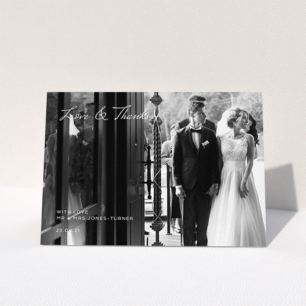 A photo wedding thank you card design named "To the Left Photo". It is an A6 card in a landscape orientation. It is a photographic photo wedding thank you card with room for 1 photo. "To the Left Photo" is available as a folded card, with mainly white colouring.