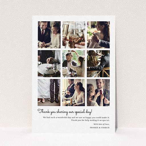 A photo wedding thank you card design titled "Too Many Good Memories". It is an A6 card in a portrait orientation. It is a photographic photo wedding thank you card with room for 9 photos "Too Many Good Memories" is available as a flat card, with mainly white colouring.