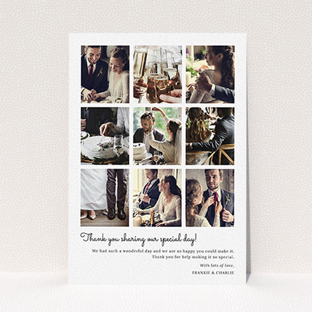 A photo wedding thank you card design titled "Too Many Good Memories". It is an A6 card in a portrait orientation. It is a photographic photo wedding thank you card with room for 9 photos "Too Many Good Memories" is available as a flat card, with mainly white colouring.