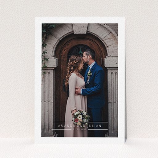 A photo wedding thank you card design called "Tramlines". It is an A6 card in a portrait orientation. It is a photographic photo wedding thank you card with room for 1 photo. "Tramlines" is available as a flat card, with mainly white colouring.