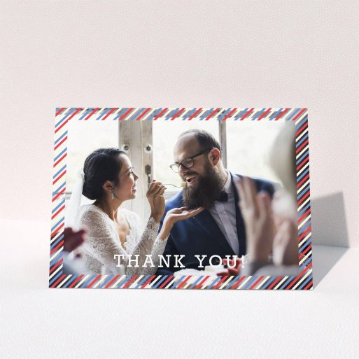 A photo wedding thank you card design titled "Tricolour Photo Frame". It is an A6 card in a landscape orientation. It is a photographic photo wedding thank you card with room for 1 photo. "Tricolour Photo Frame" is available as a folded card, with mainly white colouring.