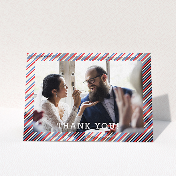 A photo wedding thank you card design titled "Tricolour Photo Frame". It is an A6 card in a landscape orientation. It is a photographic photo wedding thank you card with room for 1 photo. "Tricolour Photo Frame" is available as a folded card, with mainly white colouring.