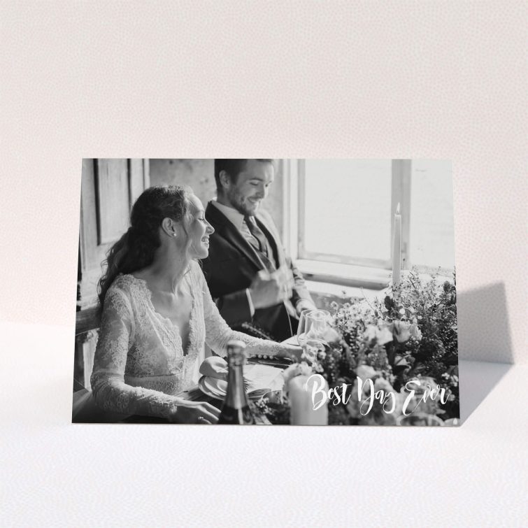 A photo wedding thank you card design titled "Truly It Was". It is an A5 card in a landscape orientation. It is a photographic photo wedding thank you card with room for 1 photo. "Truly It Was" is available as a folded card, with mainly white colouring.