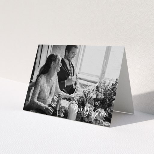 A photo wedding thank you card design titled 'Truly It Was'. It is an A5 card in a landscape orientation. It is a photographic photo wedding thank you card with room for 1 photo. 'Truly It Was' is available as a folded card, with mainly white colouring.