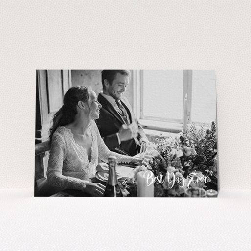 A photo wedding thank you card template titled "Truly It Was". It is an A6 card in a landscape orientation. It is a photographic photo wedding thank you card with room for 1 photo. "Truly It Was" is available as a flat card, with mainly white colouring.