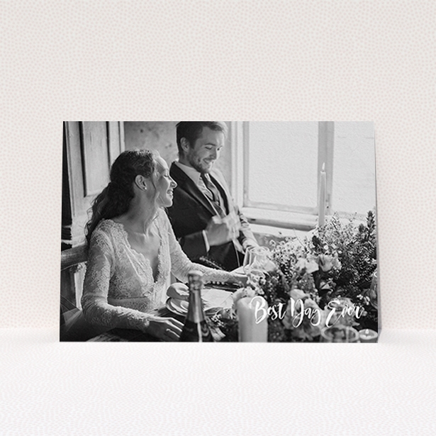 A photo wedding thank you card template titled "Truly It Was". It is an A6 card in a landscape orientation. It is a photographic photo wedding thank you card with room for 1 photo. "Truly It Was" is available as a flat card, with mainly white colouring.