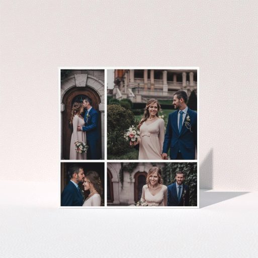 A photo wedding thank you card design called "Unequally Divided". It is a square (148mm x 148mm) card in a square orientation. It is a photographic photo wedding thank you card with room for 4 photos. "Unequally Divided" is available as a folded card, with mainly white colouring.