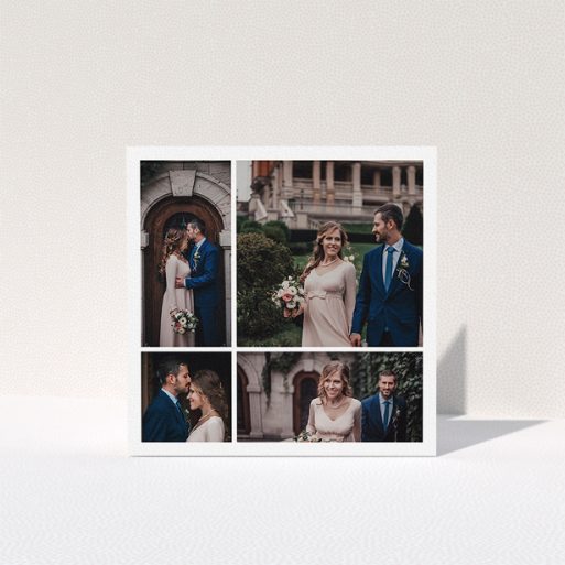 A photo wedding thank you card design called "Unequally Divided". It is a square (148mm x 148mm) card in a square orientation. It is a photographic photo wedding thank you card with room for 4 photos. "Unequally Divided" is available as a folded card, with mainly white colouring.