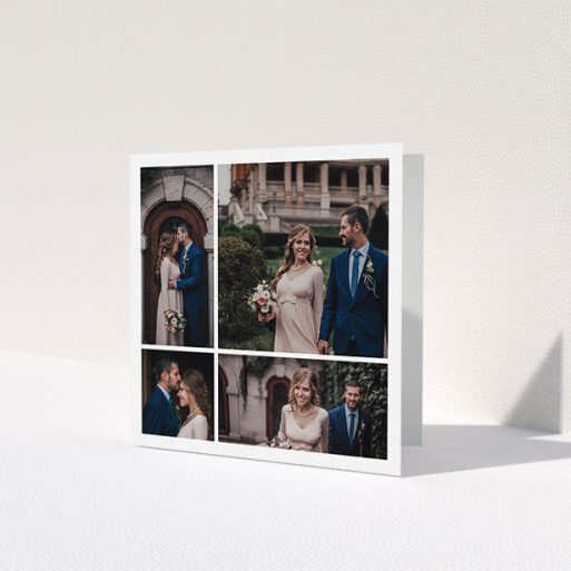 A photo wedding thank you card design called 'Unequally Divided'. It is a square (148mm x 148mm) card in a square orientation. It is a photographic photo wedding thank you card with room for 4 photos. 'Unequally Divided' is available as a folded card, with mainly white colouring.