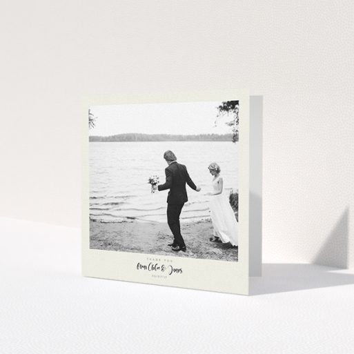 A photo wedding thank you card template titled 'Vintage Snapshot'. It is a square (148mm x 148mm) card in a square orientation. It is a photographic photo wedding thank you card with room for 1 photo. 'Vintage Snapshot' is available as a folded card, with mainly cream colouring.