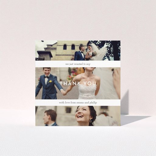 A photo wedding thank you card template titled "We just wanted to say". It is a square (148mm x 148mm) card in a square orientation. It is a photographic photo wedding thank you card with room for 3 photos. "We just wanted to say" is available as a folded card, with mainly white colouring.