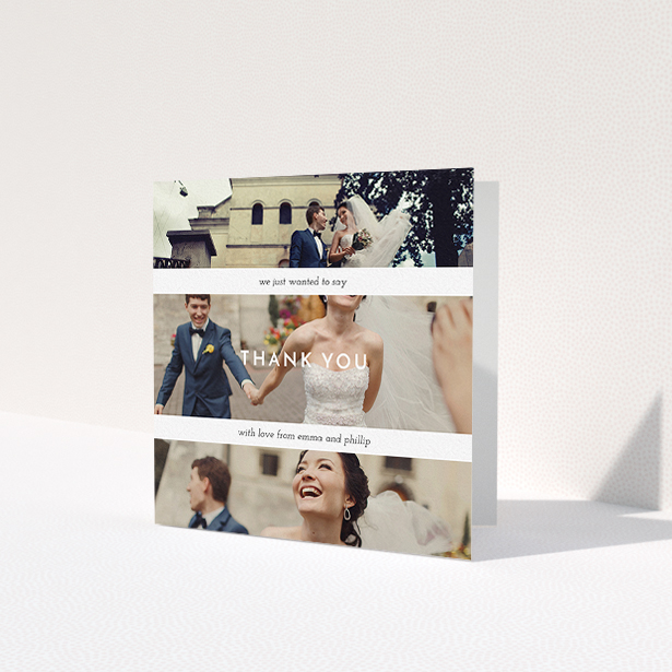 A photo wedding thank you card template titled 'We just wanted to say'. It is a square (148mm x 148mm) card in a square orientation. It is a photographic photo wedding thank you card with room for 3 photos. 'We just wanted to say' is available as a folded card, with mainly white colouring.