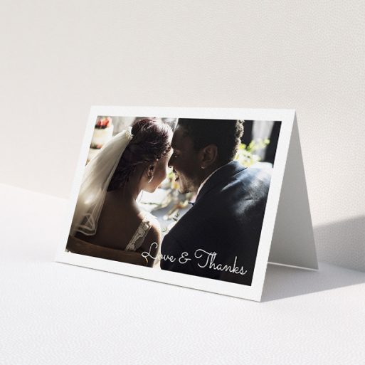 A photo wedding thank you card design named 'Wedding Thanks Landscape'. It is an A5 card in a landscape orientation. It is a photographic photo wedding thank you card with room for 1 photo. 'Wedding Thanks Landscape' is available as a folded card, with mainly white colouring.