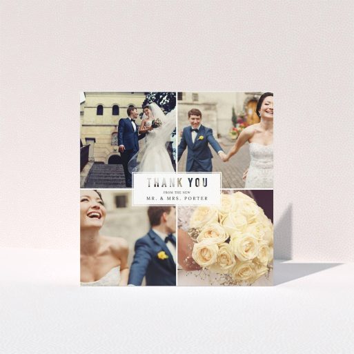 A photo wedding thank you card design titled "White Box". It is a square (148mm x 148mm) card in a square orientation. It is a photographic photo wedding thank you card with room for 3 photos. "White Box" is available as a folded card, with tones of black and white.