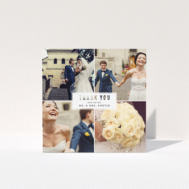 A photo wedding thank you card design titled "White Box". It is a square (148mm x 148mm) card in a square orientation. It is a photographic photo wedding thank you card with room for 3 photos. "White Box" is available as a folded card, with tones of black and white.
