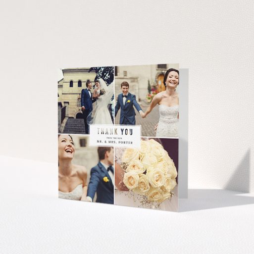 A photo wedding thank you card design titled 'White Box'. It is a square (148mm x 148mm) card in a square orientation. It is a photographic photo wedding thank you card with room for 3 photos. 'White Box' is available as a folded card, with tones of black and white.