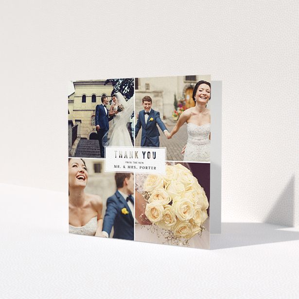 A photo wedding thank you card design titled 'White Box'. It is a square (148mm x 148mm) card in a square orientation. It is a photographic photo wedding thank you card with room for 3 photos. 'White Box' is available as a folded card, with tones of black and white.