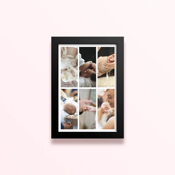 Simple framed prints designs featuring six photos of a baby’s christening or baptism ceremony