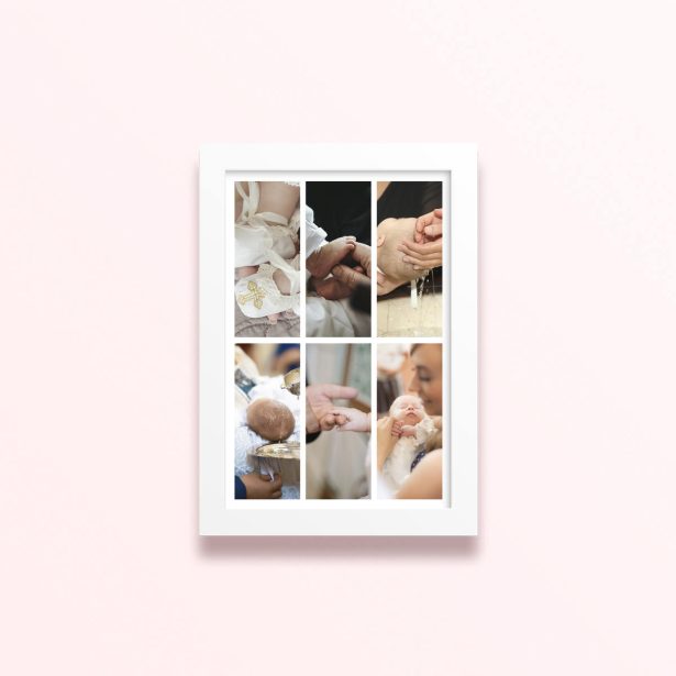 Simple framed prints designs featuring six photos of a baby’s christening or baptism ceremony