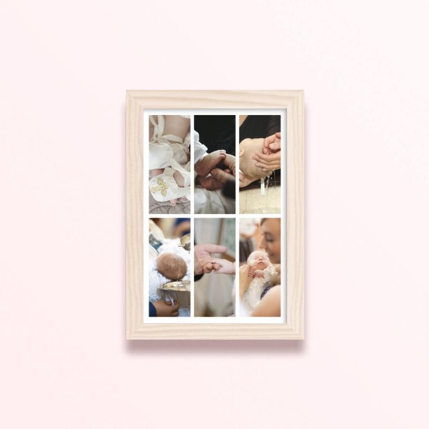 Simple framed prints designs featuring six photos of a baby’s christening or baptism ceremony