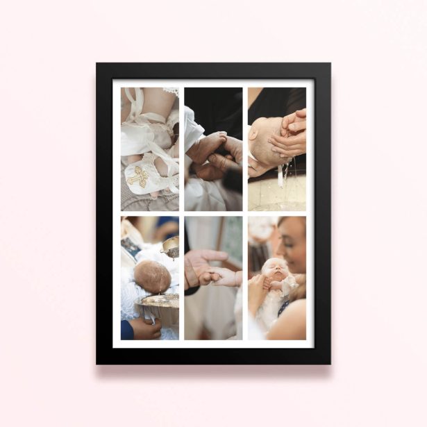 Simple framed prints designs featuring six photos of a baby’s christening or baptism ceremony