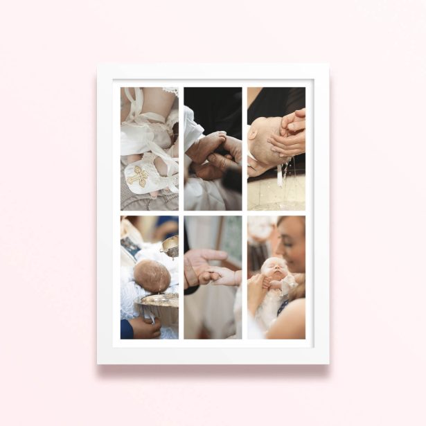 Simple framed prints designs featuring six photos of a baby’s christening or baptism ceremony