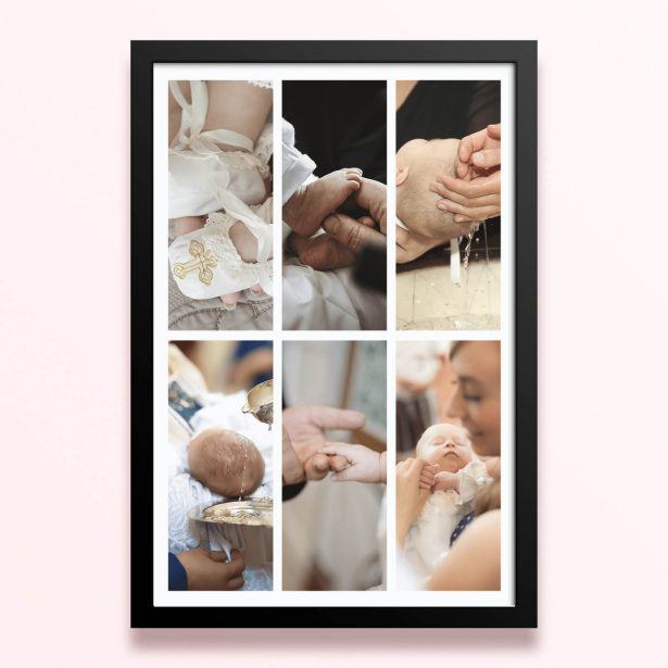 Simple framed prints designs featuring six photos of a baby’s christening or baptism ceremony