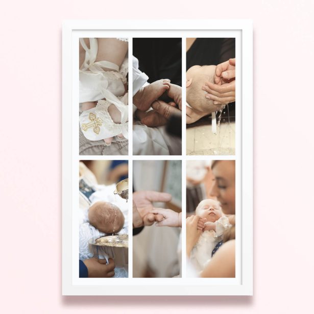 Simple framed prints designs featuring six photos of a baby’s christening or baptism ceremony