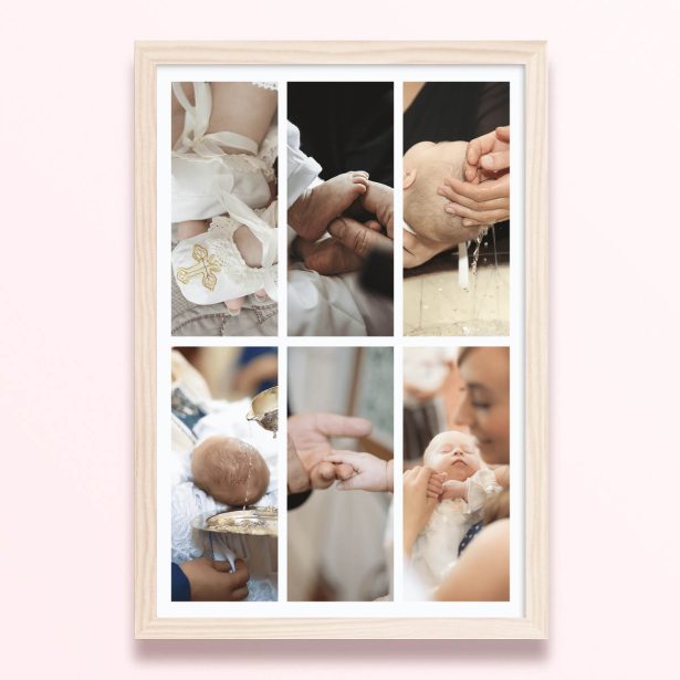 Simple framed prints designs featuring six photos of a baby’s christening or baptism ceremony